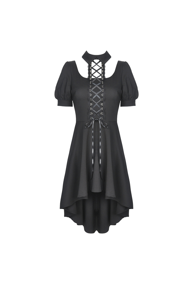 Gothic Short Sleeves Lace-Up Black Dress With Asymmetrical Hem