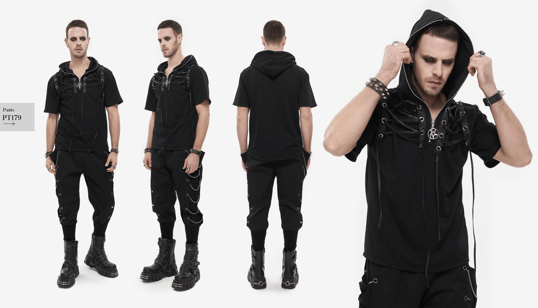 Men's Gothic short sleeve black hoodie with zipper and lace-up detail, styled in trendy punk fashion.