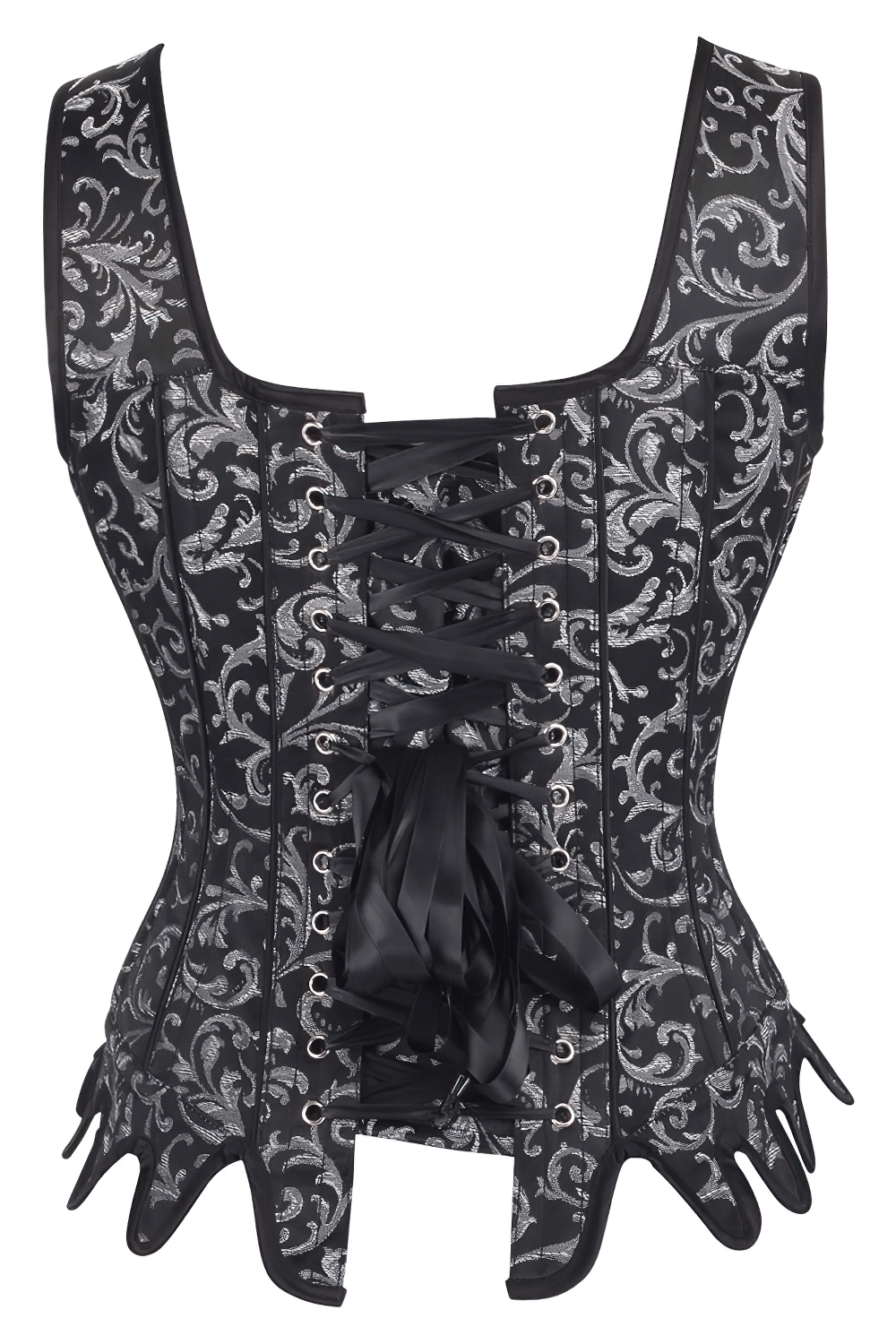 Elegant Gothic silver brocade overbust corset with lace-up back, featuring scalloped hem and intricate detailing.