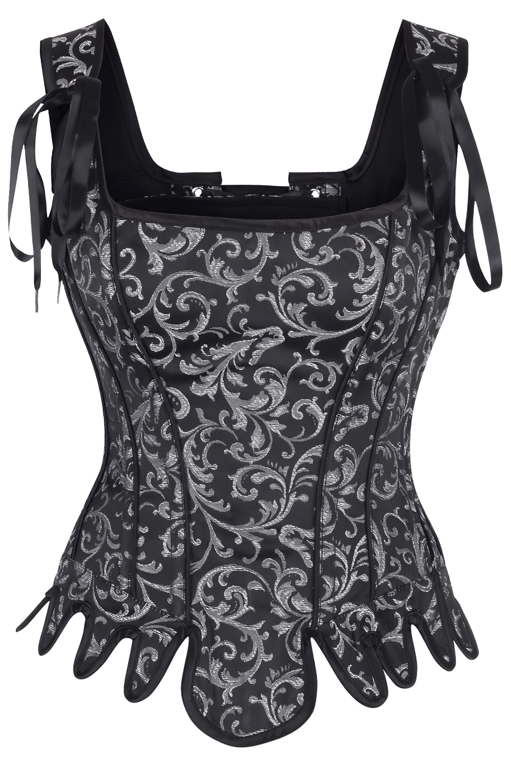 Gothic silver brocade overbust corset with lace-up back and scalloped hem details, perfect for a Victorian-inspired look.