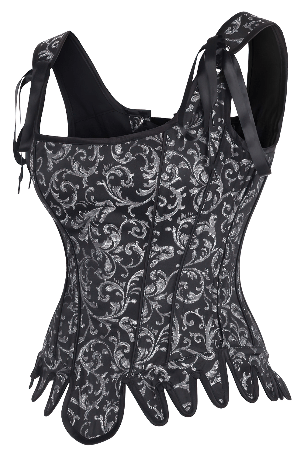 Gothic silver brocade overbust corset with lace-up back and scalloped hem for elegant style.