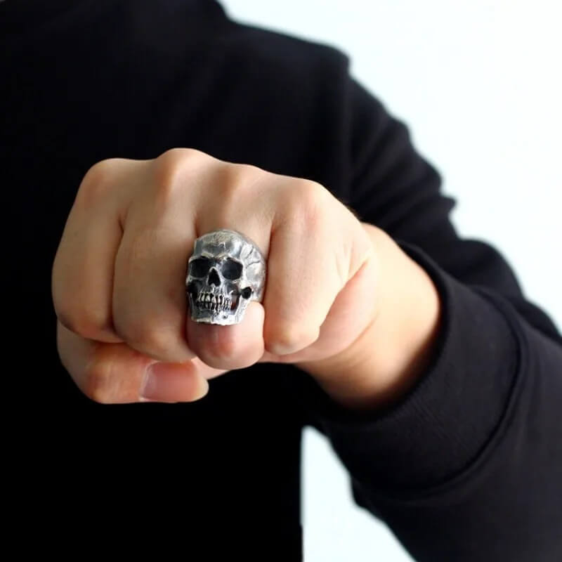 Gothic Silver Colour Biker Skull Ring / Punk Motorcycle Band Jewellery / Cool Mens Rings - HARD'N'HEAVY