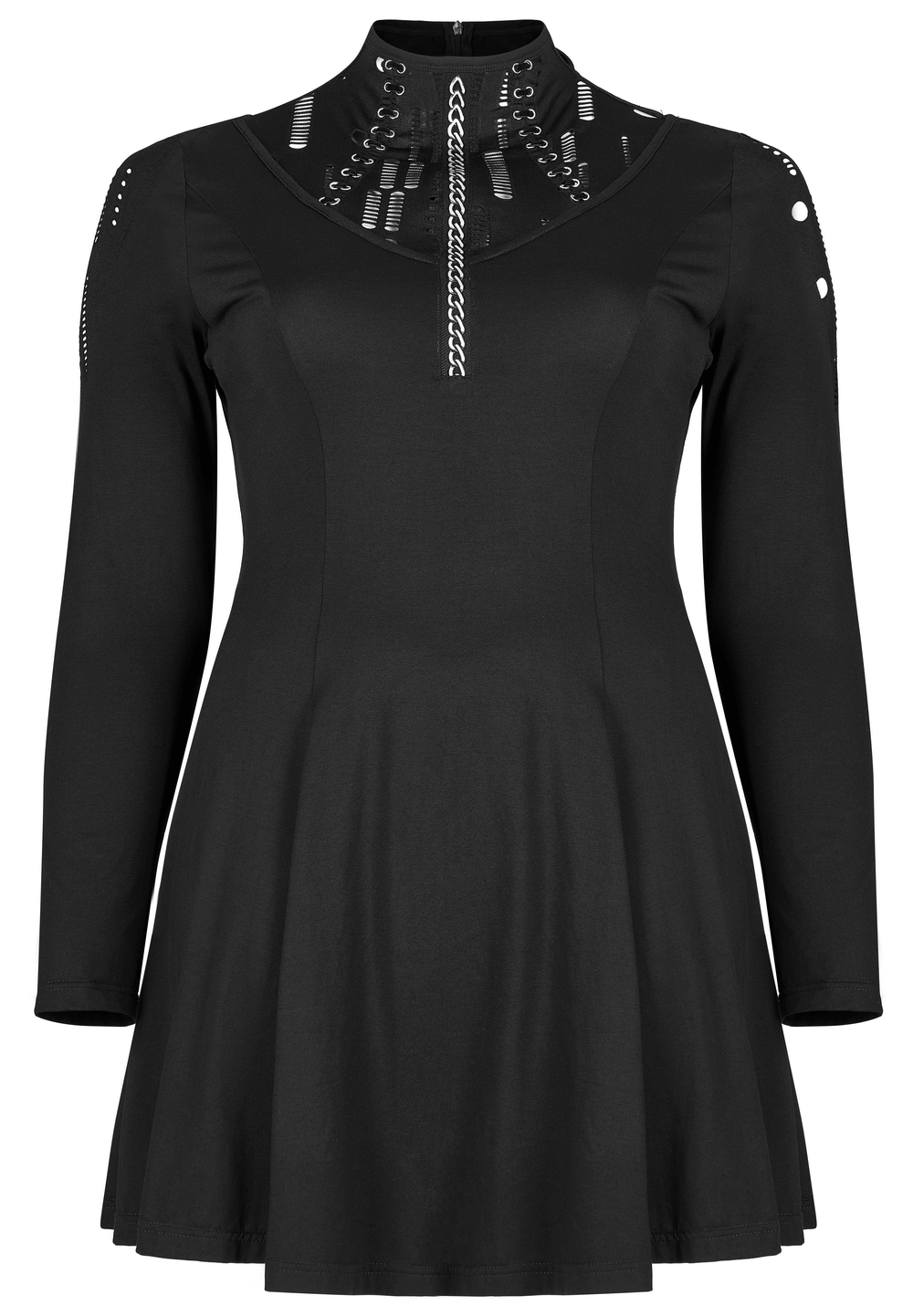 Gothic Skater Dress with Mesh Accents and Chain Print - HARD'N'HEAVY
