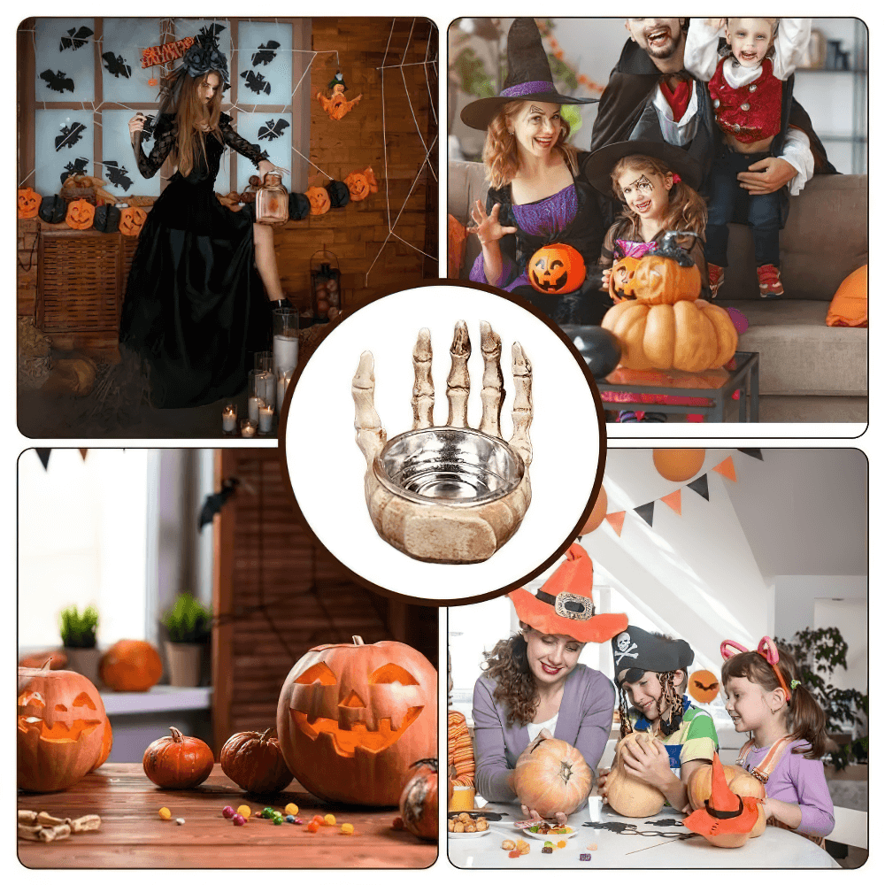 Gothic skeleton hand candle holder surrounded by Halloween decorations and families enjoying pumpkin carving.