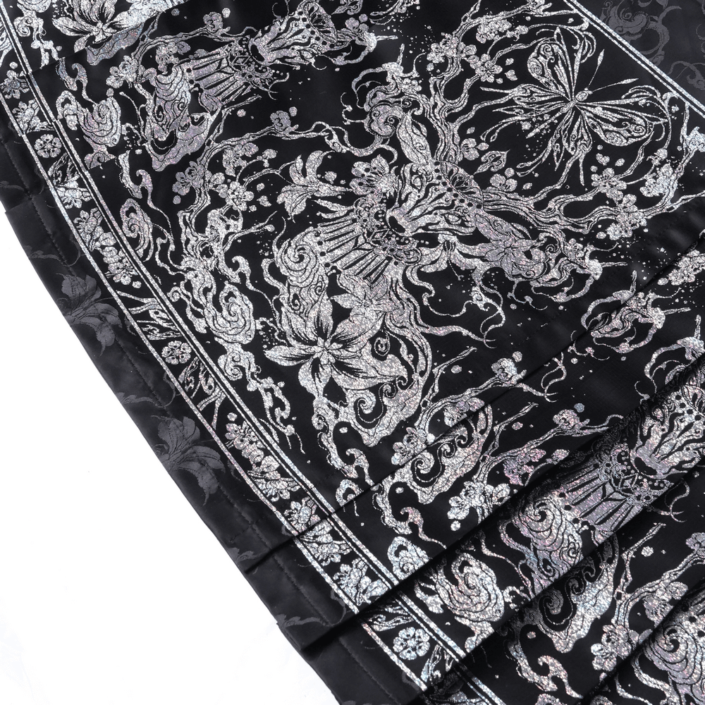 Flowing black skirt with intricate silver embroidery and butterfly motifs for gothic elegance.