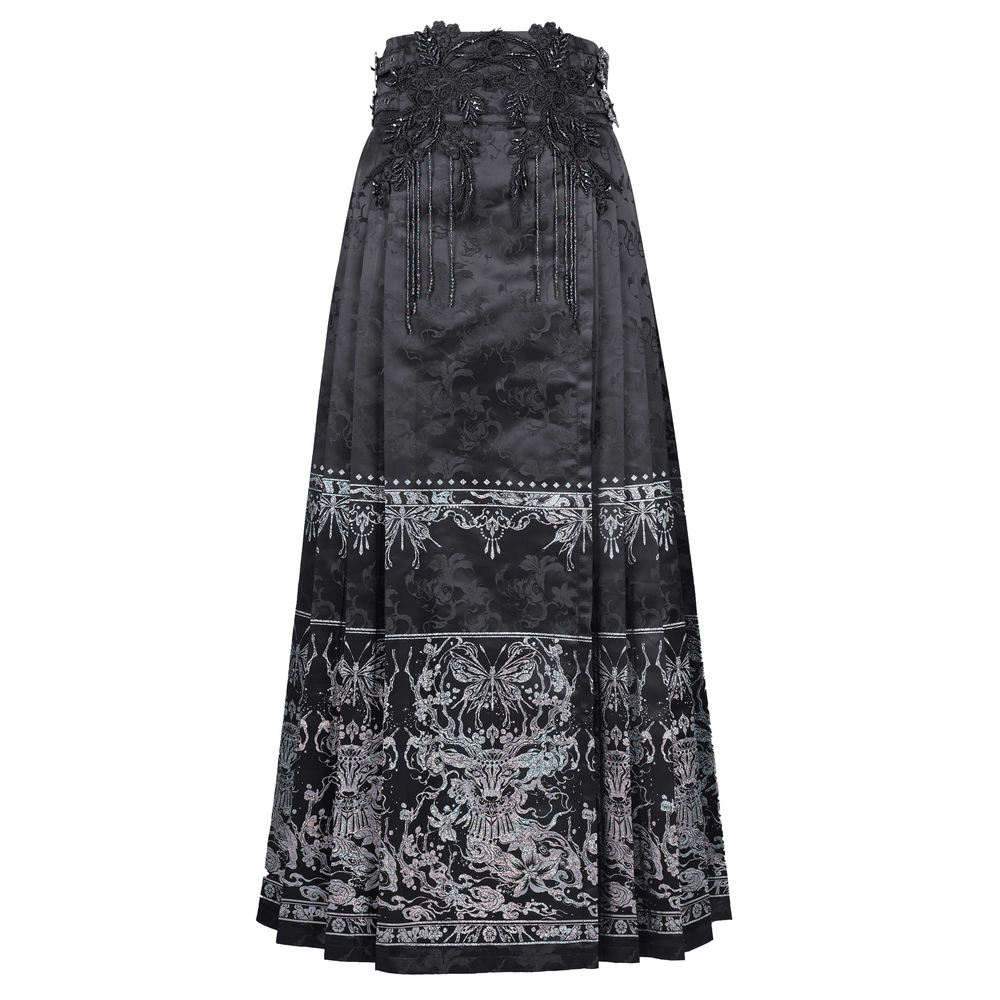 Gothic black skirt with intricate embroidery, silver details, butterfly motifs, and dramatic embellished waistband.