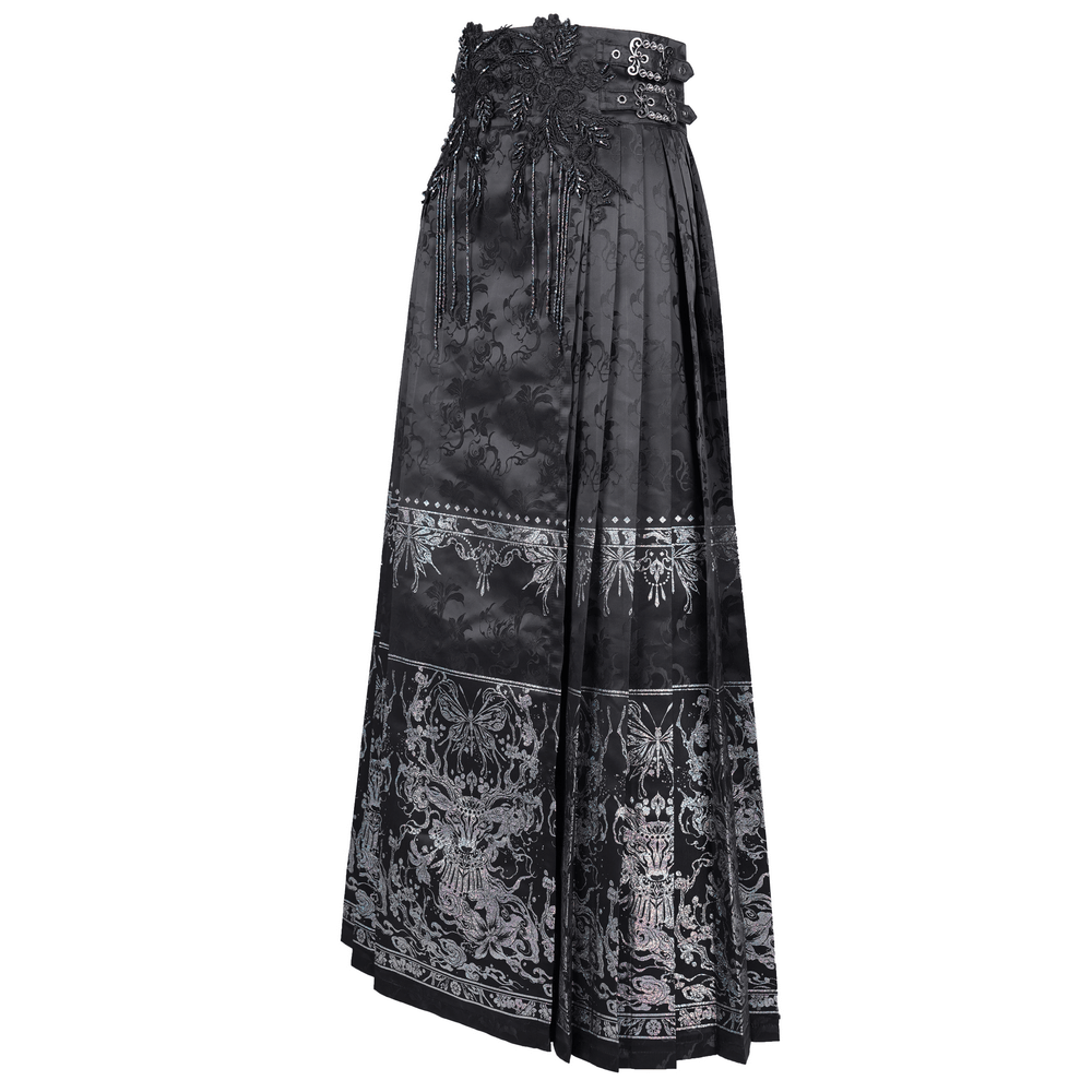 Gothic flowing black skirt with intricate silver embroidery, embellished waistband, and butterfly motifs for elegant drama.