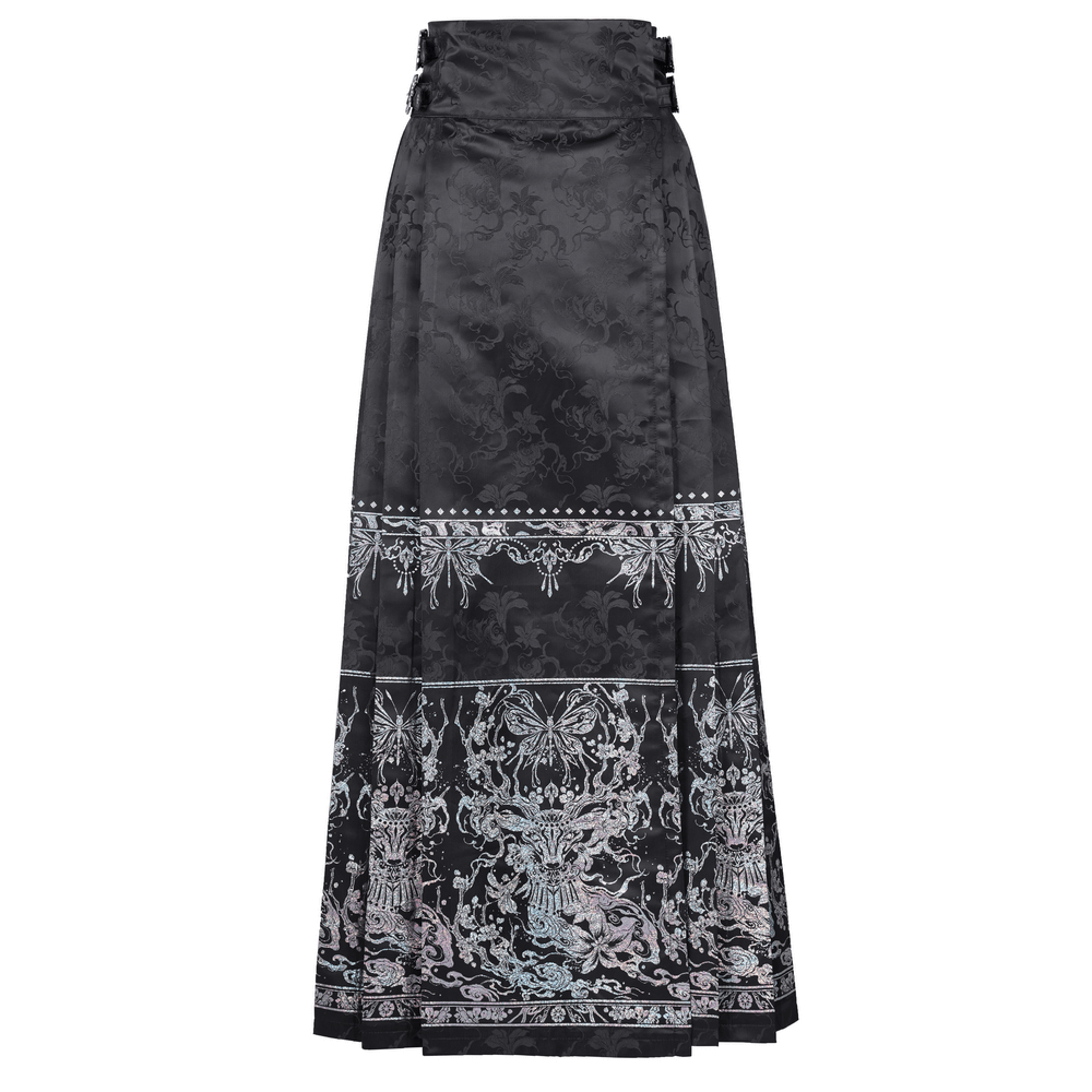 Gothic flowing black skirt with intricate silver embroidery and butterfly motifs, featuring an embellished waistband for elegant allure.