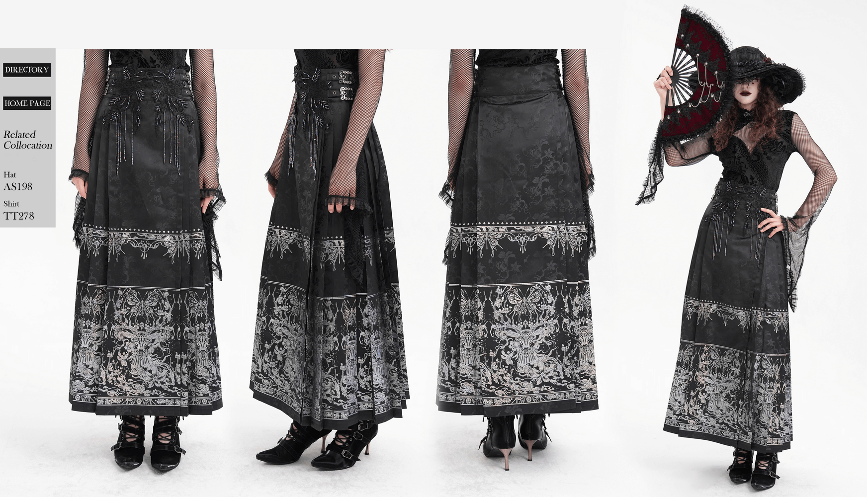 Gothic black skirt with intricate embroidery and embellished waistband, perfect for dramatic elegance.