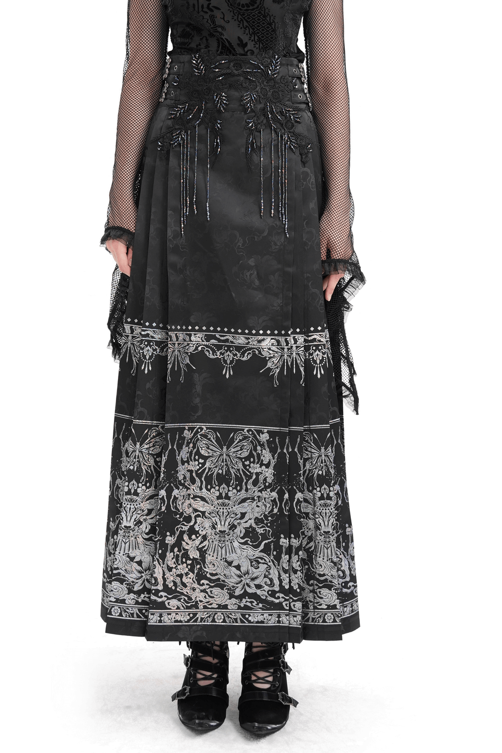 Gothic black skirt with intricate silver embroidery and butterfly motifs, featuring an embellished waistband for dramatic elegance.