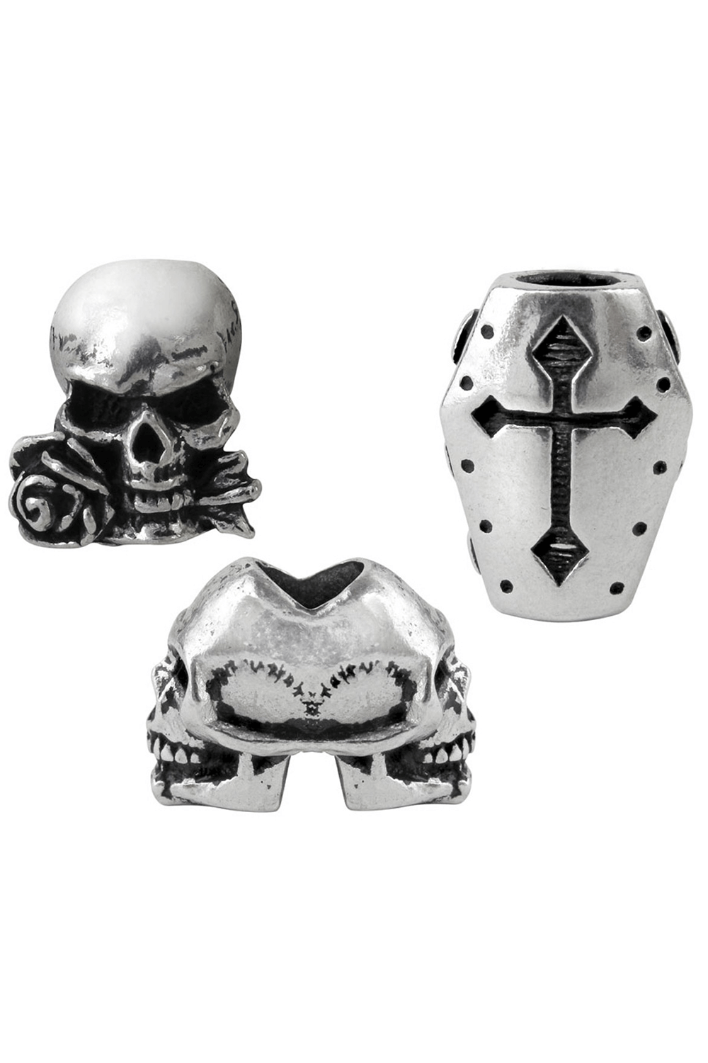 Gothic skull and coffin beard beads set in pewter for Viking styles, featuring Alchemist’s Skull and knight’s cross.