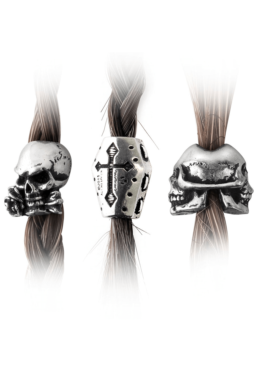 Gothic hair and beard bead set featuring skull and coffin designs in pewter for Viking or dark fantasy styles.