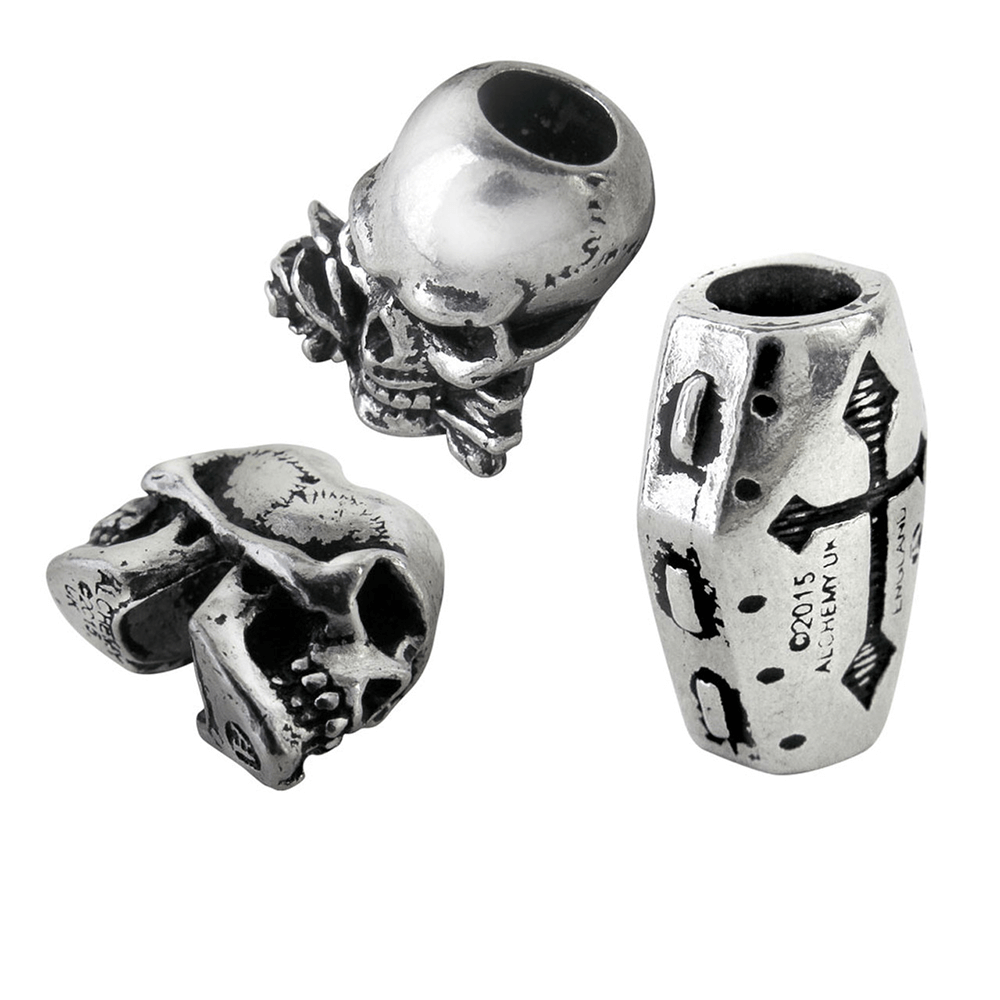 Set of three pewter beard and hair beads featuring skulls and a gothic coffin for Viking and gothic styles.