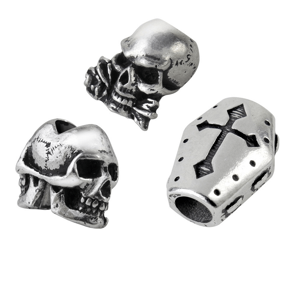 Gothic hair and beard beads set featuring pewter skulls and a coffin, perfect for Viking and dark fantasy styles.