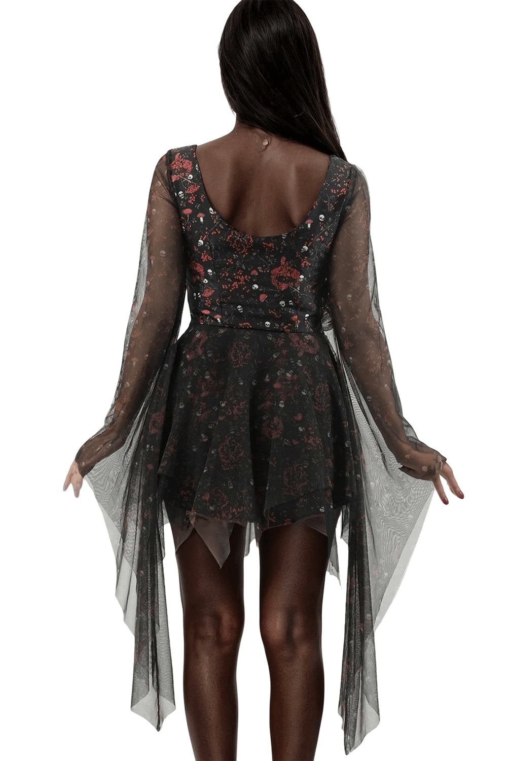 Gothic Skull and Floral Mini Dress with Sheer Mesh Sleeves, showcasing floral design and flowy mesh sleeves.