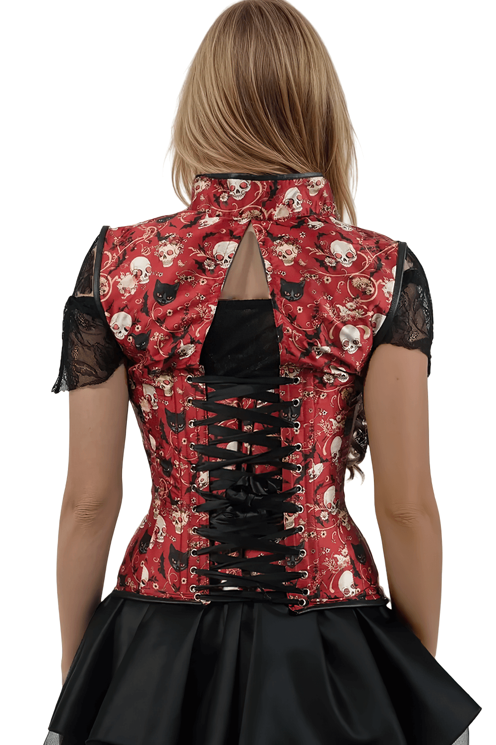 Gothic Skull and Floral Underbust Corset with Lapel Halter, showcasing intricate designs in red and ivory from the back view.