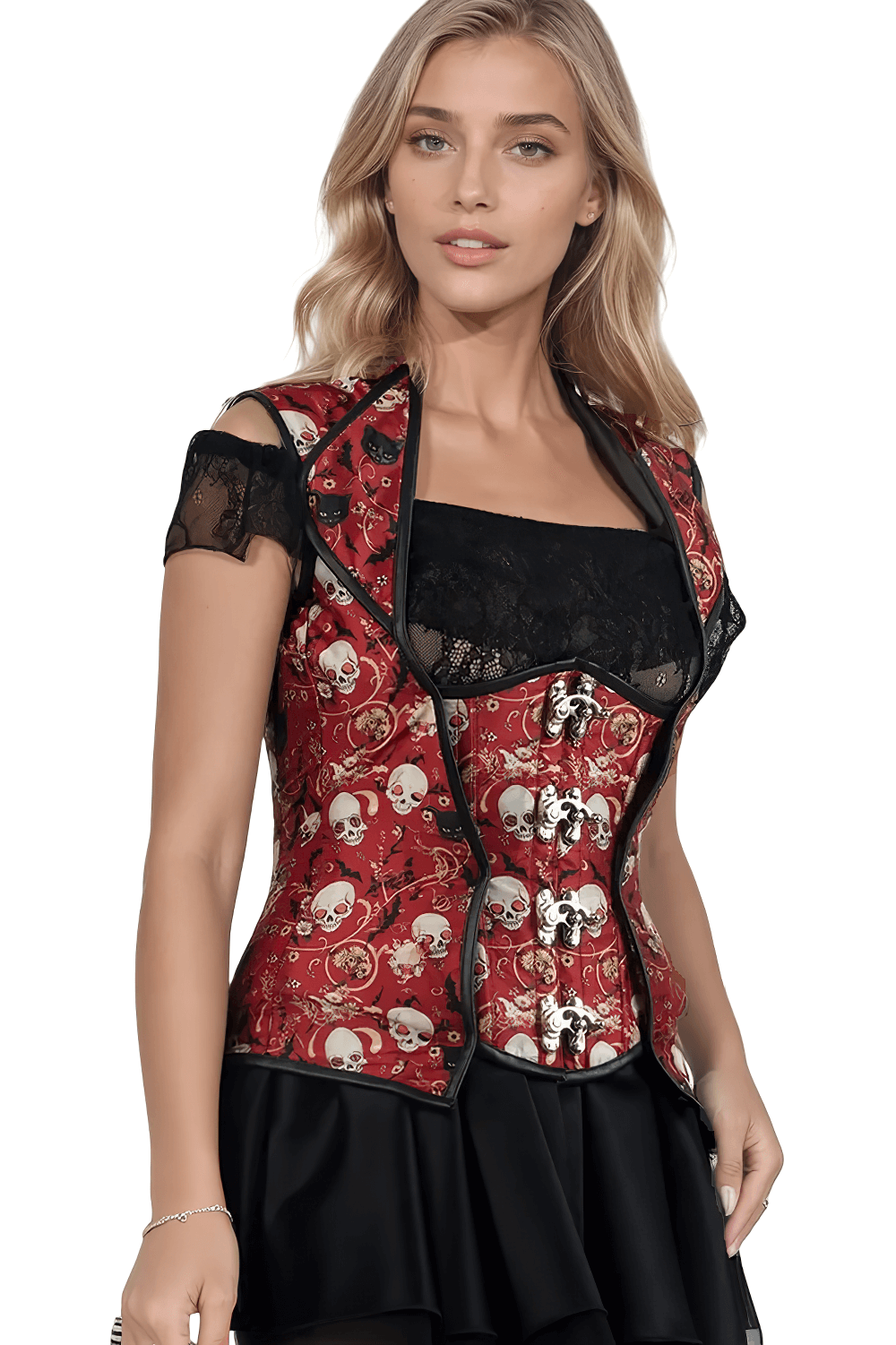 Gothic Skull and Floral Underbust Corset with Lapel Halter featuring a striking red and ivory skull motif.