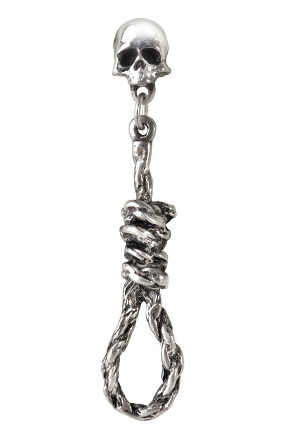 Gothic pewter earring featuring a skull stud and a twisted noose design, symbolizing macabre history and rebellion.