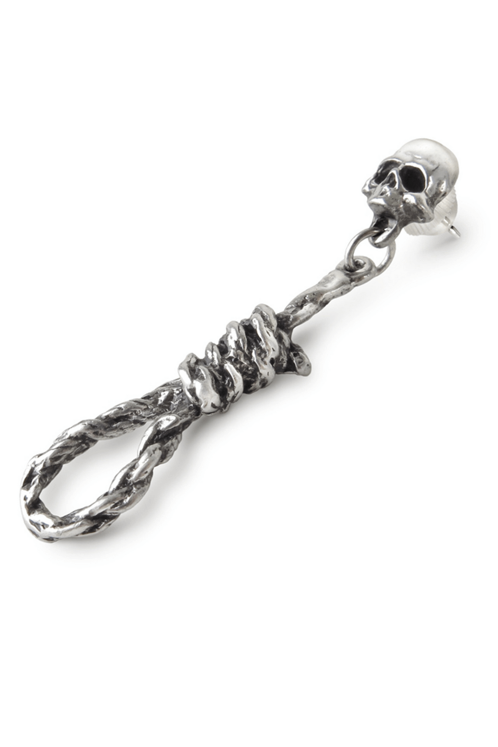 Gothic skull and noose drop earring in pewter, showcasing a twisted rope design and detailed skull stud.
