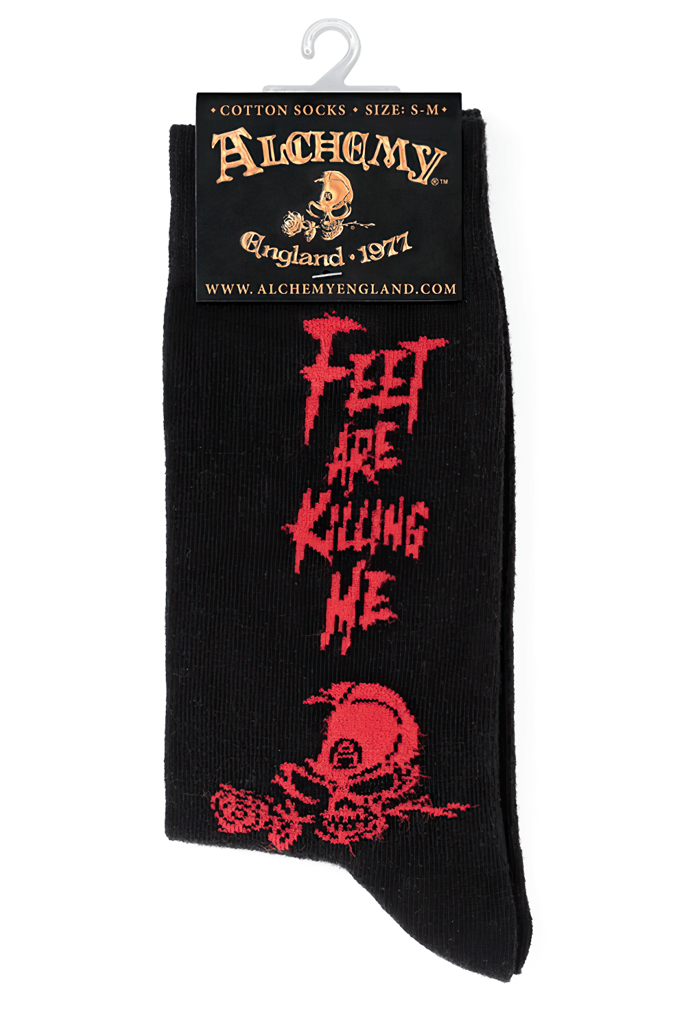 Black gothic socks with skull and rose design, featuring 'Feet Are Killing Me' slogan by Alchemy.
