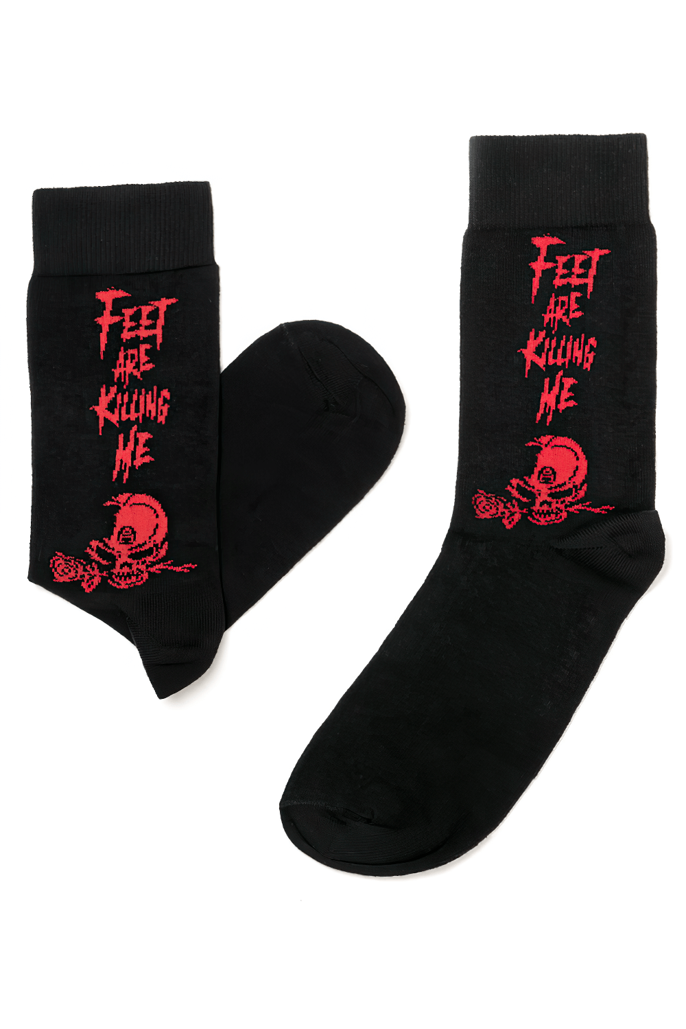 Gothic black socks with red 'Feet Are Killing Me' slogan and skull art, perfect for dark humor fashion lovers.