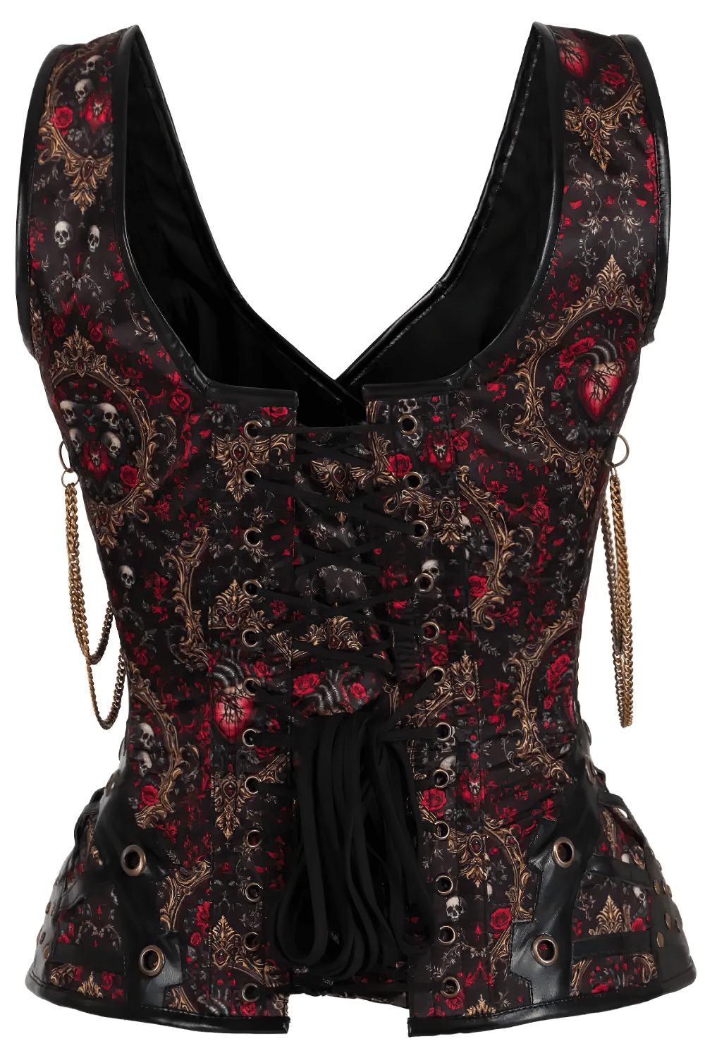 Gothic Skull and Rose Overbust Corset with Brass Hook Clasps, Victorian steampunk bustier with chains and ornate accents