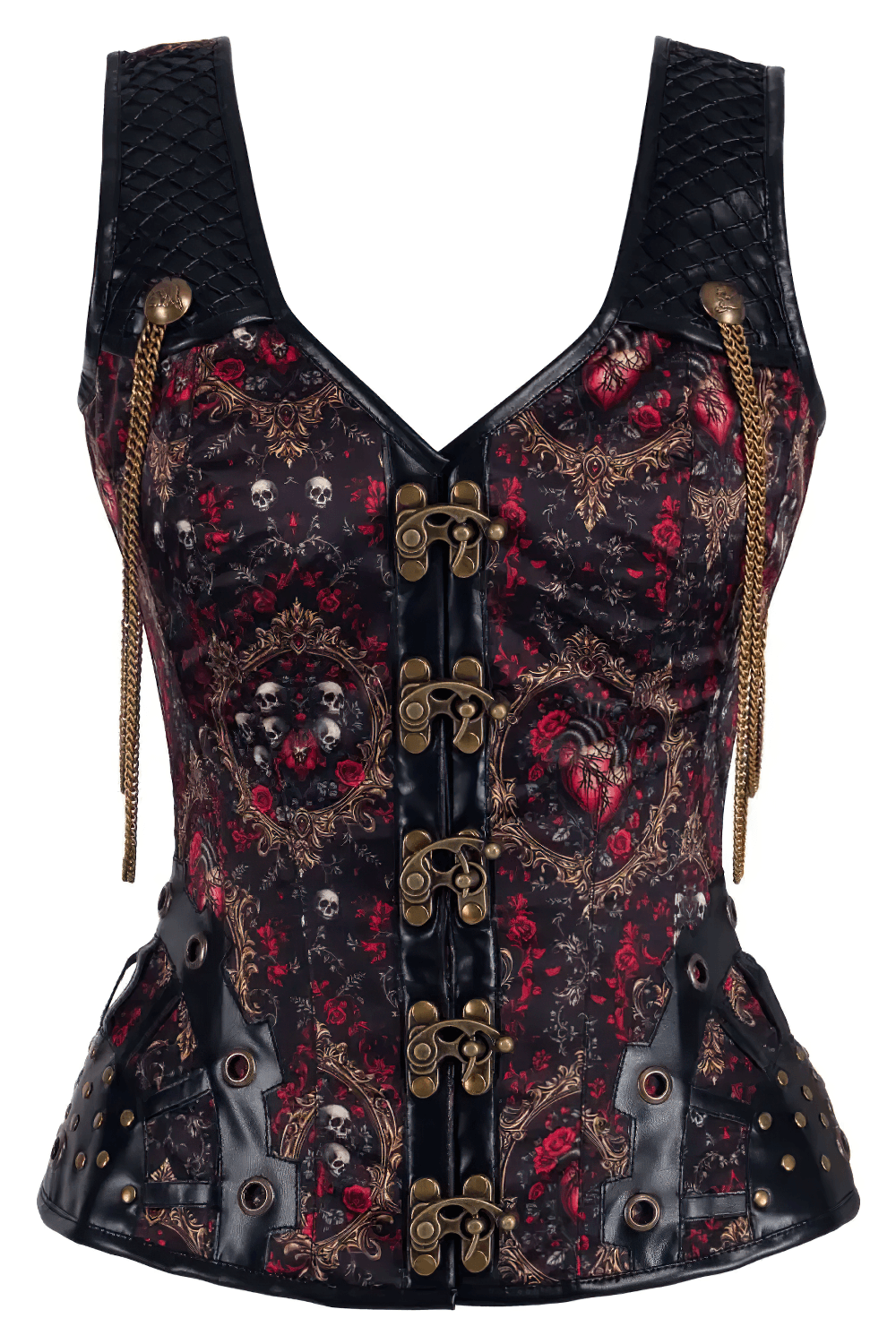Gothic Skull and Rose Overbust Corset with Brass Hook Clasps, Victorian steampunk bustier with chains and ornate accents