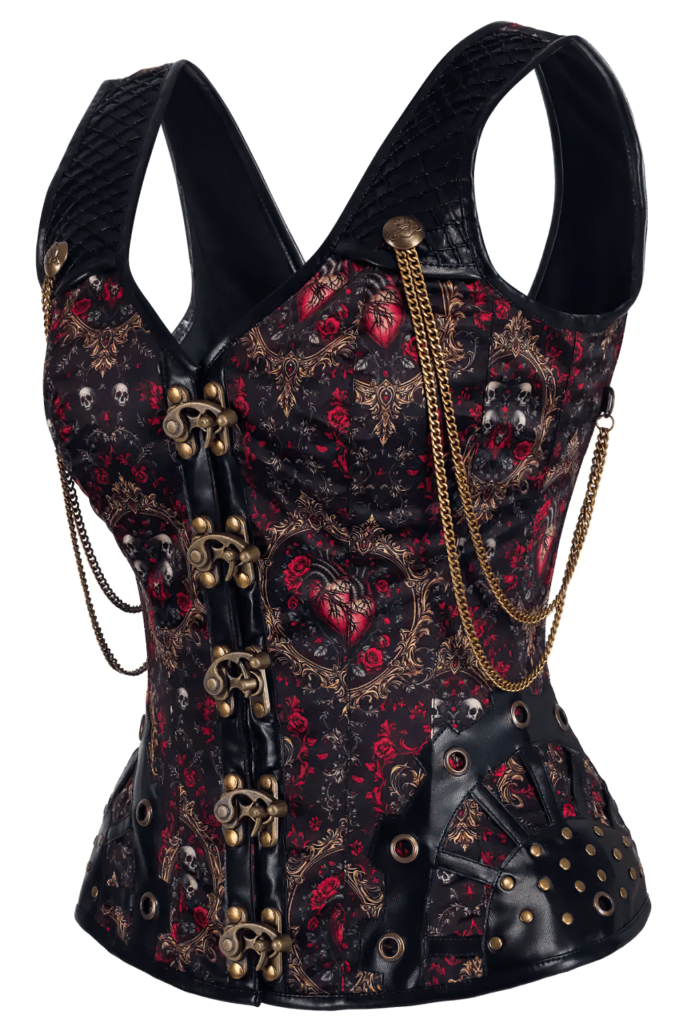 Gothic Skull and Rose Overbust Corset with Brass Hook Clasps, black-red steampunk bustier with chains and ornate accents