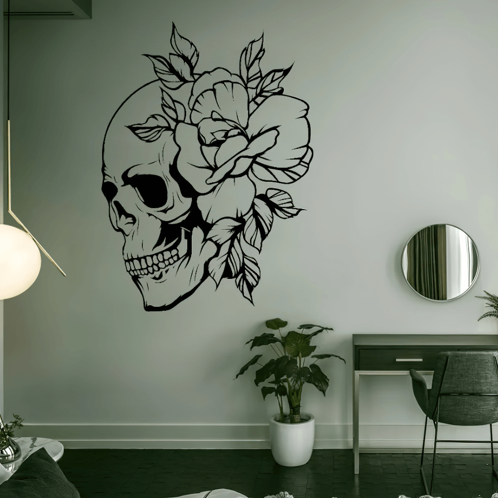 Gothic Skull and Rose Vinyl Wall Decal Artwork featuring a dramatic skull with roses, perfect for edgy decor.