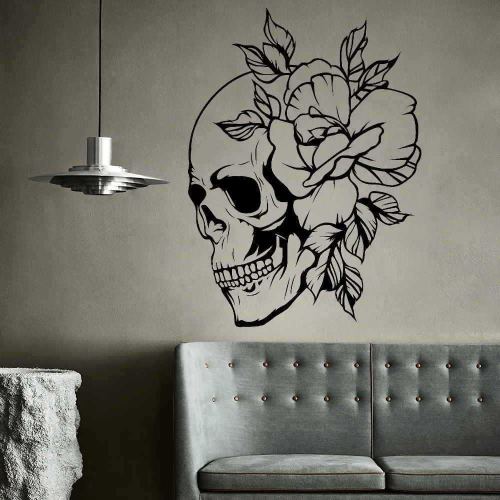 Gothic Skull and Rose Vinyl Wall Decal Artwork enhancing modern interior with detailed floral skull design.