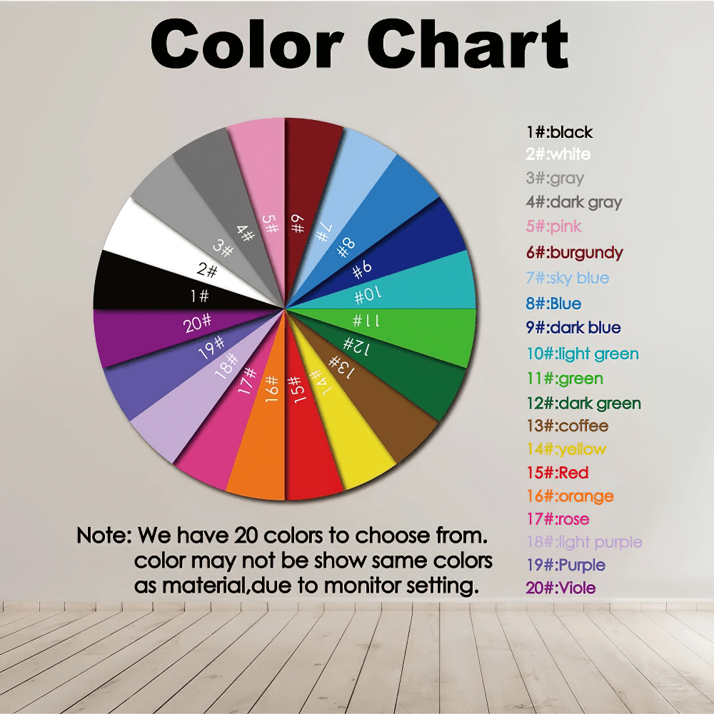Color chart displaying 20 color options for customization in various designs and materials.