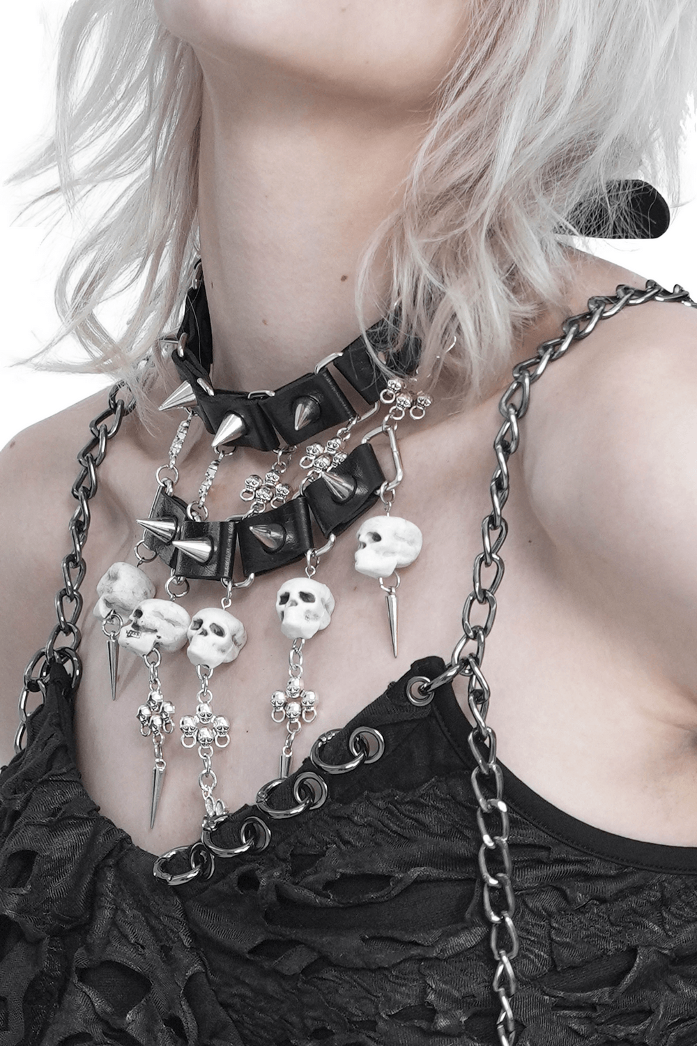 Gothic Skull Black Choker with Spikes and Chains featuring spikes, skull beads, and cross charms for a punk-inspired look.