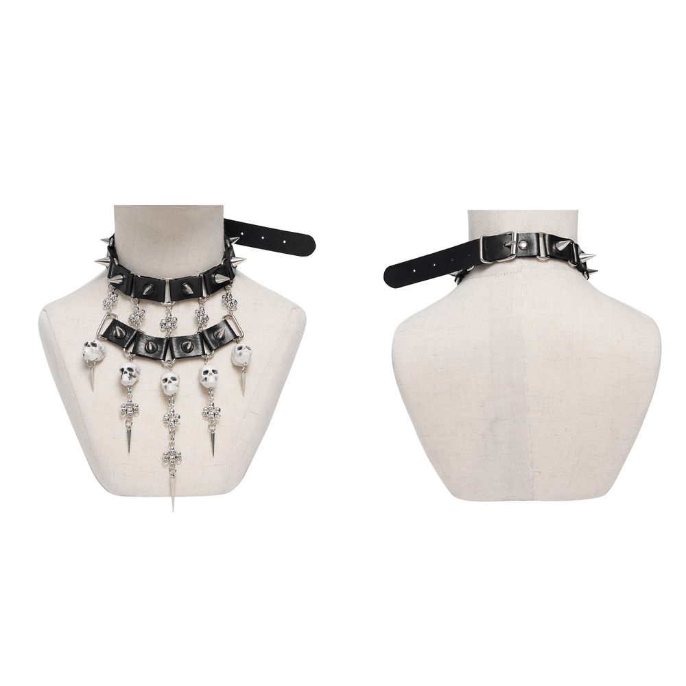 Gothic Skull Black Choker with Spikes and Chains featuring layered silver spikes, chains, skull beads, and cross charms.