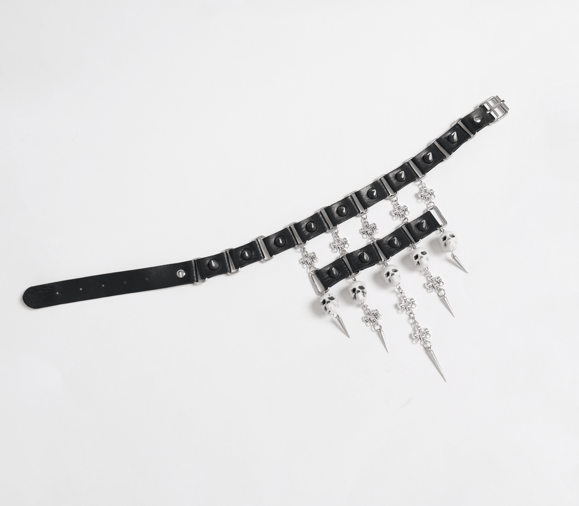 Gothic Skull Black Choker with Spikes and Chains featuring spikes, skull beads, and cross charms on a black strap.