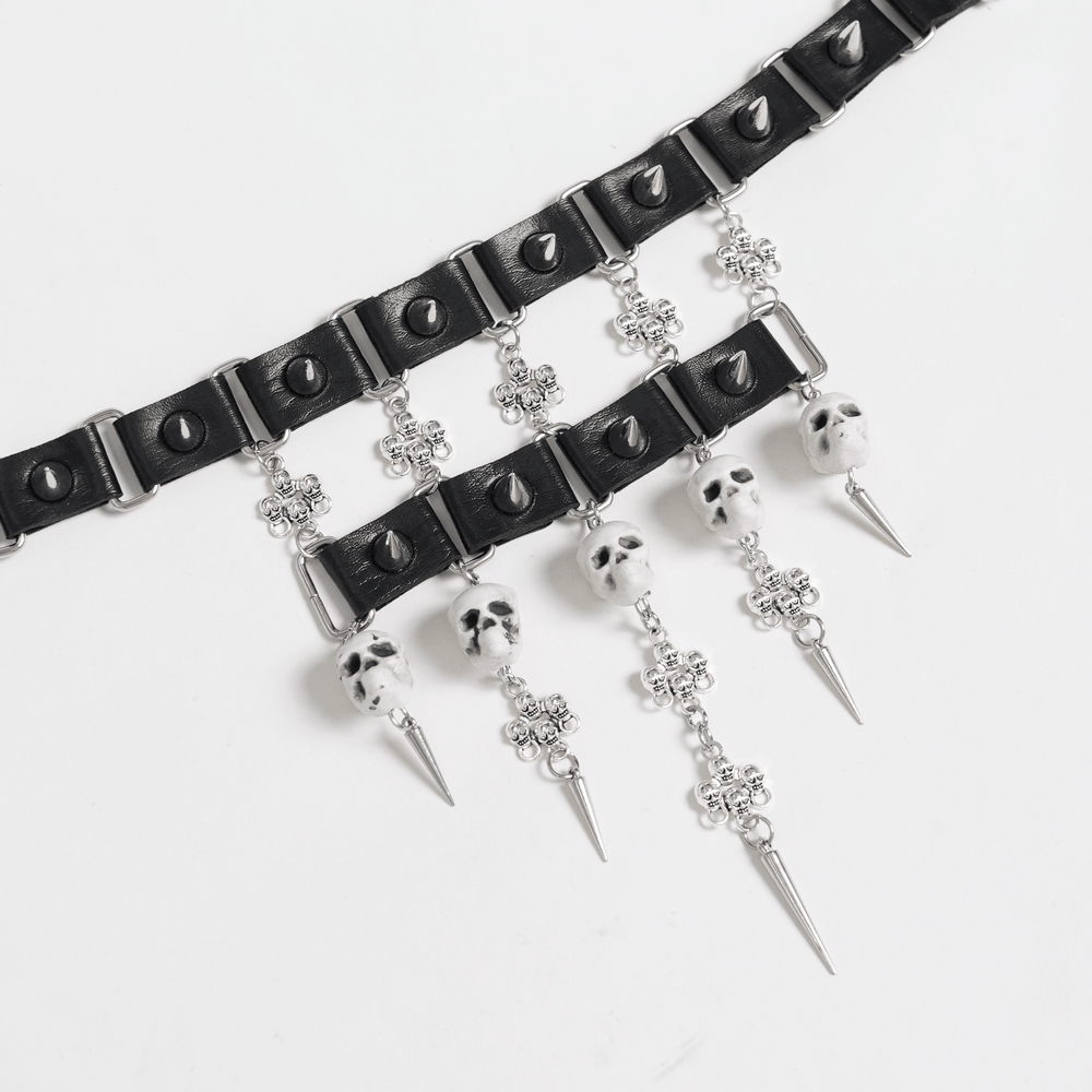 Gothic Skull Black Choker with Spikes and Chains featuring skull beads and cross charms for a punk style.