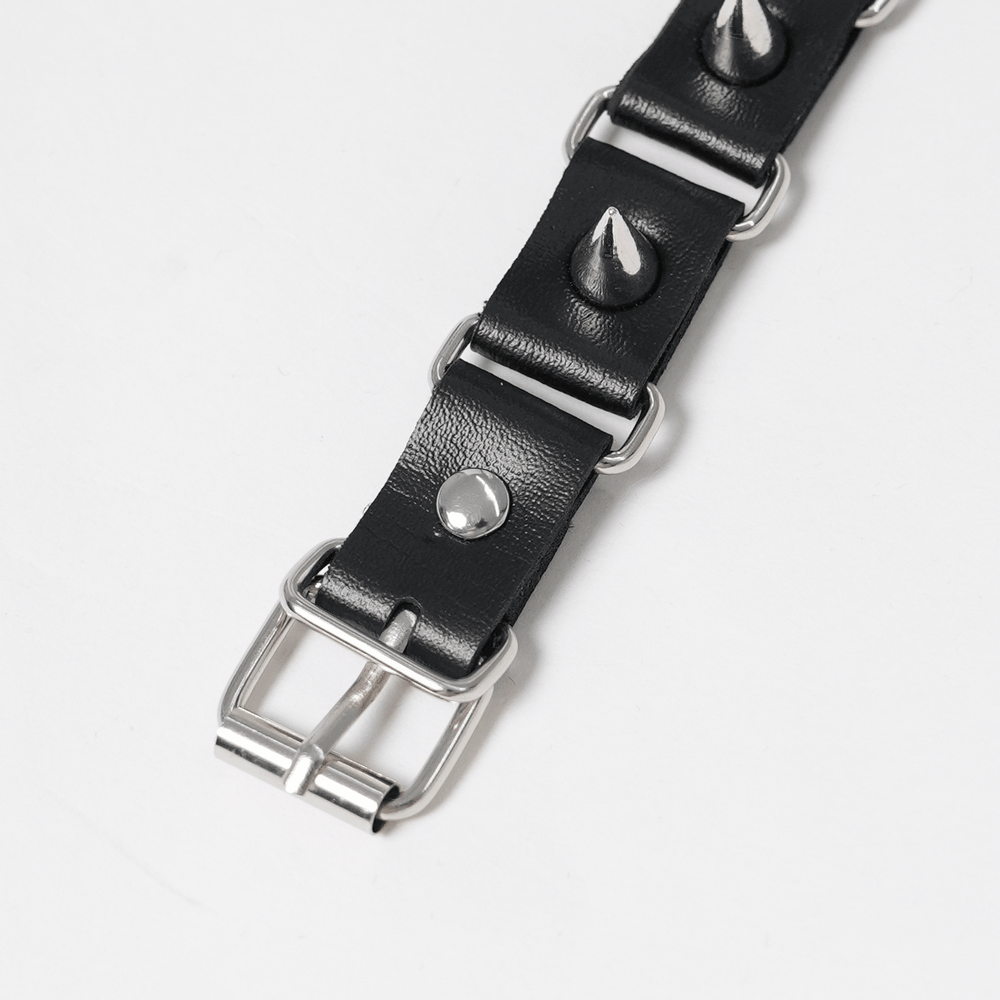 Gothic Skull Black Choker with Spikes and Chains detailed view of black leather strap with metal spikes.