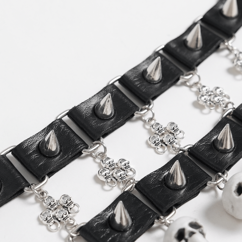 Gothic Skull Black Choker with Spikes and Chains featuring silver spikes and cross charms on a black leather base.