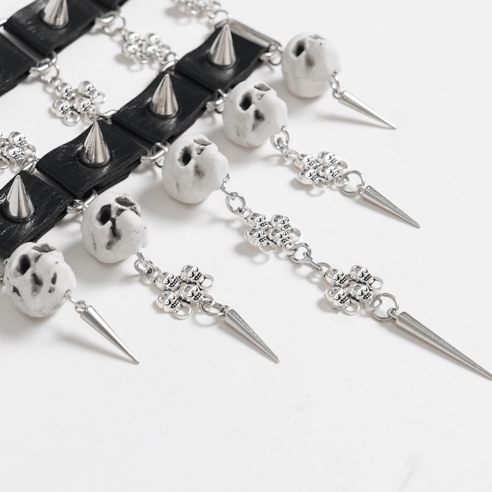 Gothic Skull Black Choker with Spikes and Chains featuring silver-tone spikes and skull beads.