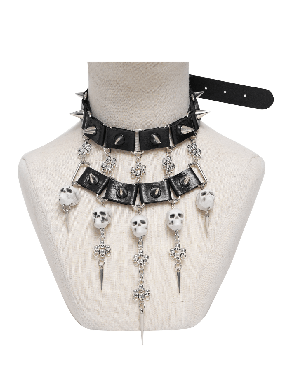 Gothic Skull Black Choker with Spikes and Chains featuring silver spikes, skull beads, and ornate cross charms.