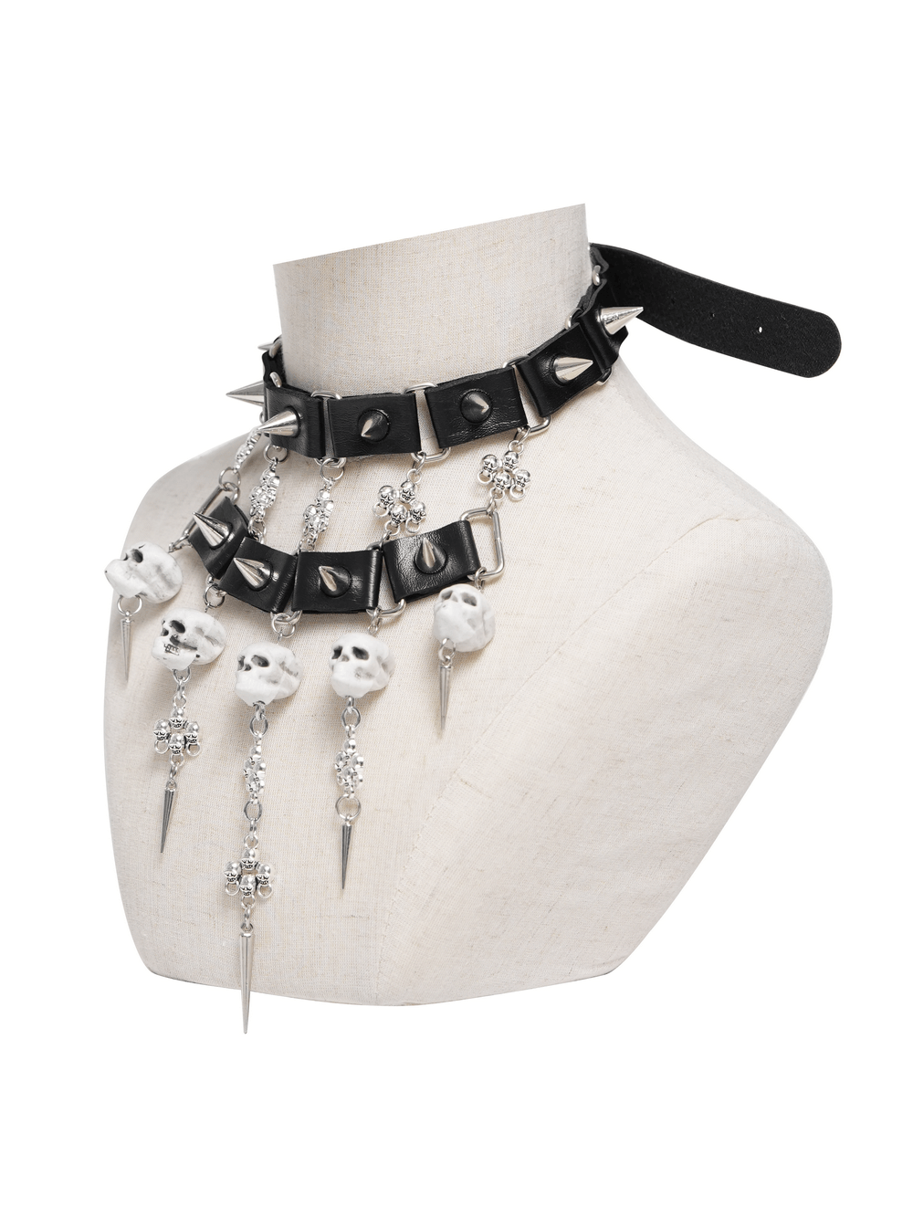 Gothic Skull Black Choker with Spikes and Chains featuring spikes, chains, skull beads, and cross charms.