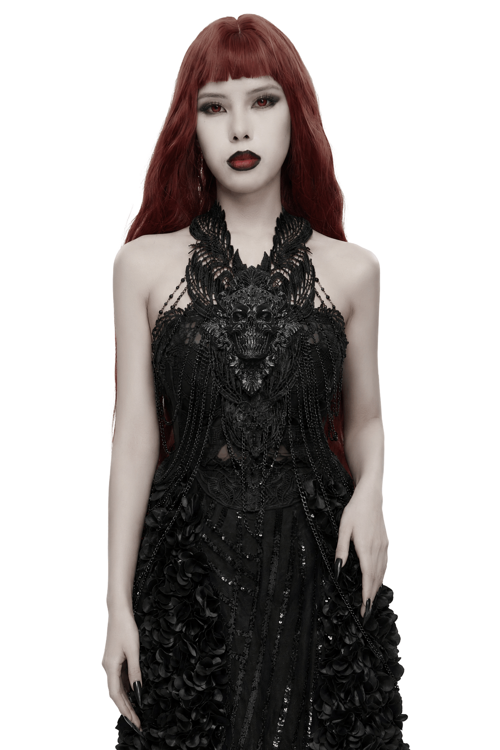 Gothic Skull Chain Body Harness with Lace Details showcased by a model with striking red hair and dark attire.