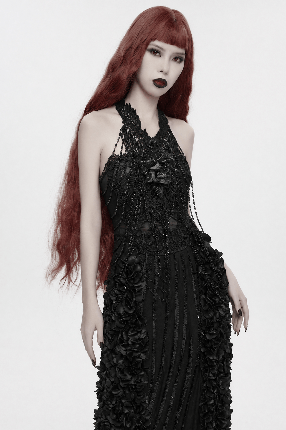 Gothic Skull Chain Body Harness with Lace Details worn by model, showcasing dark elegance and striking lace designs.