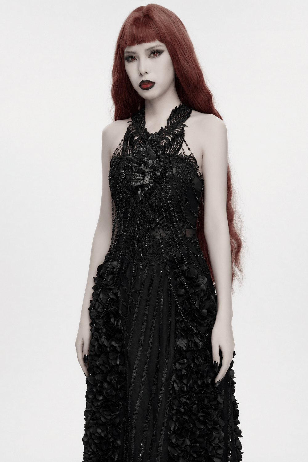 Gothic Skull Chain Body Harness with Lace Details worn by model, showcasing intricate lace and skull design.