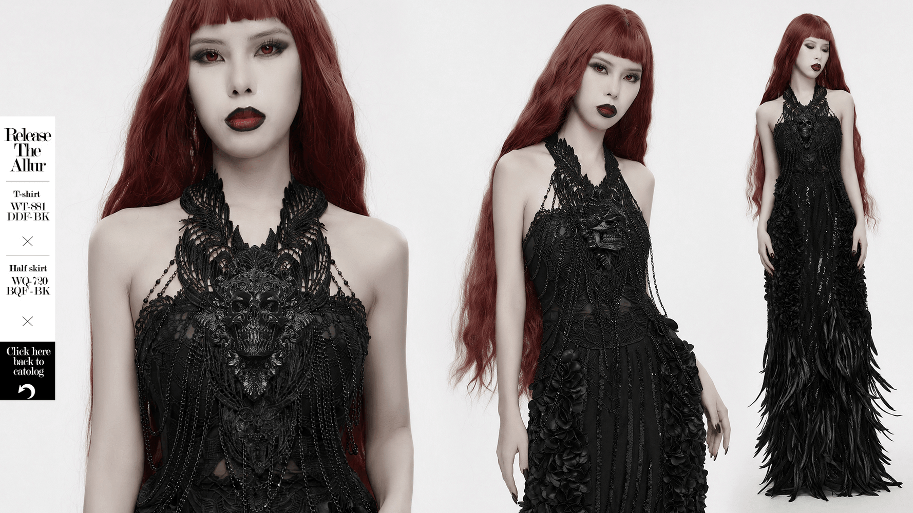 Gothic Skull Chain Body Harness with Lace Details worn by model, featuring intricate lace and skull designs.