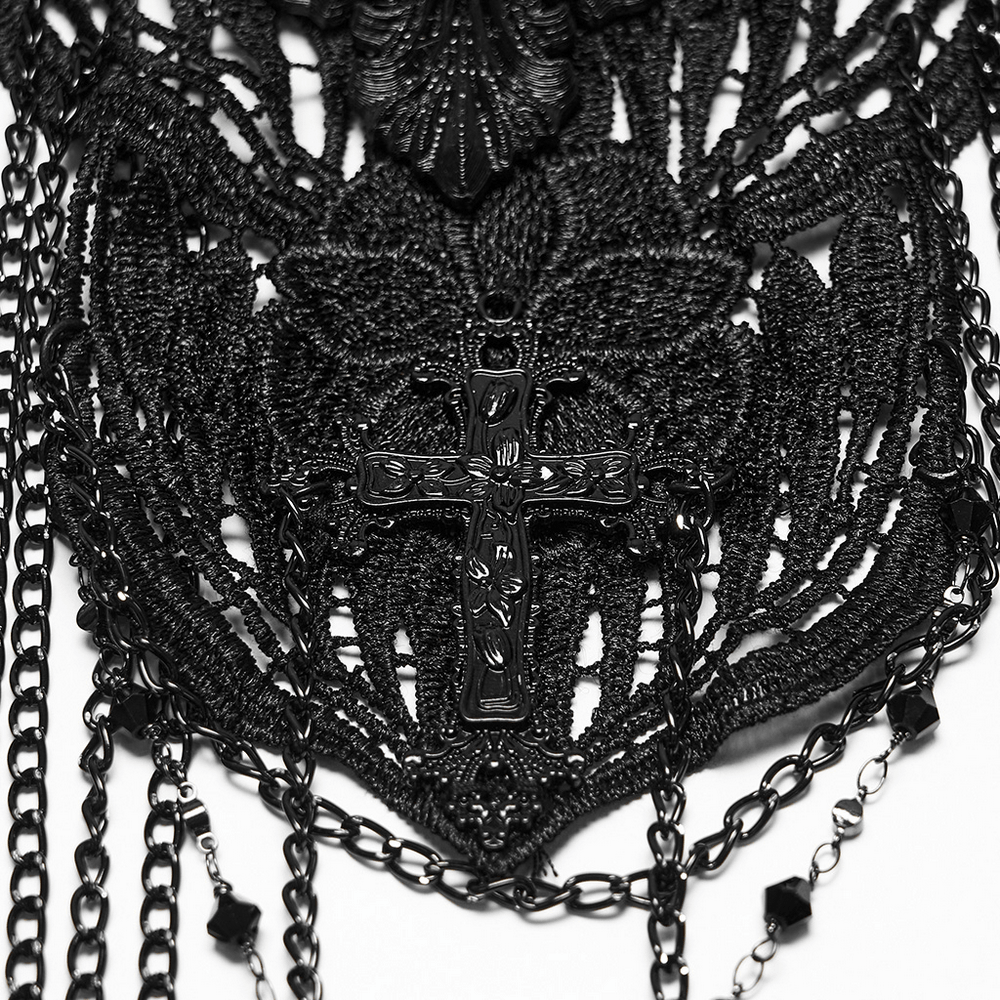 Gothic Skull Chain Body Harness with Lace Details featuring intricate lace and cross motifs.