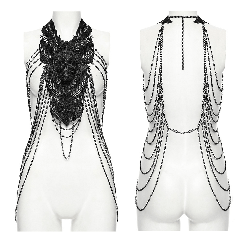 Gothic Skull Chain Body Harness with Lace Details showcasing a dramatic black metal design with skull motifs and layered chains.