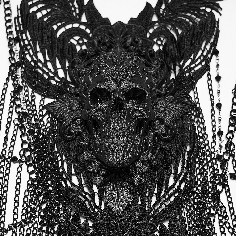 Gothic Skull Chain Body Harness with Lace Details featuring intricate skull and chain design in dark metal.