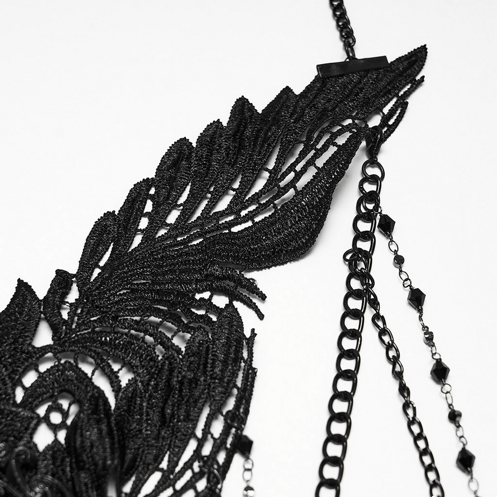 Gothic Skull Chain Body Harness with Lace Details featuring intricate lace design and layered chains.