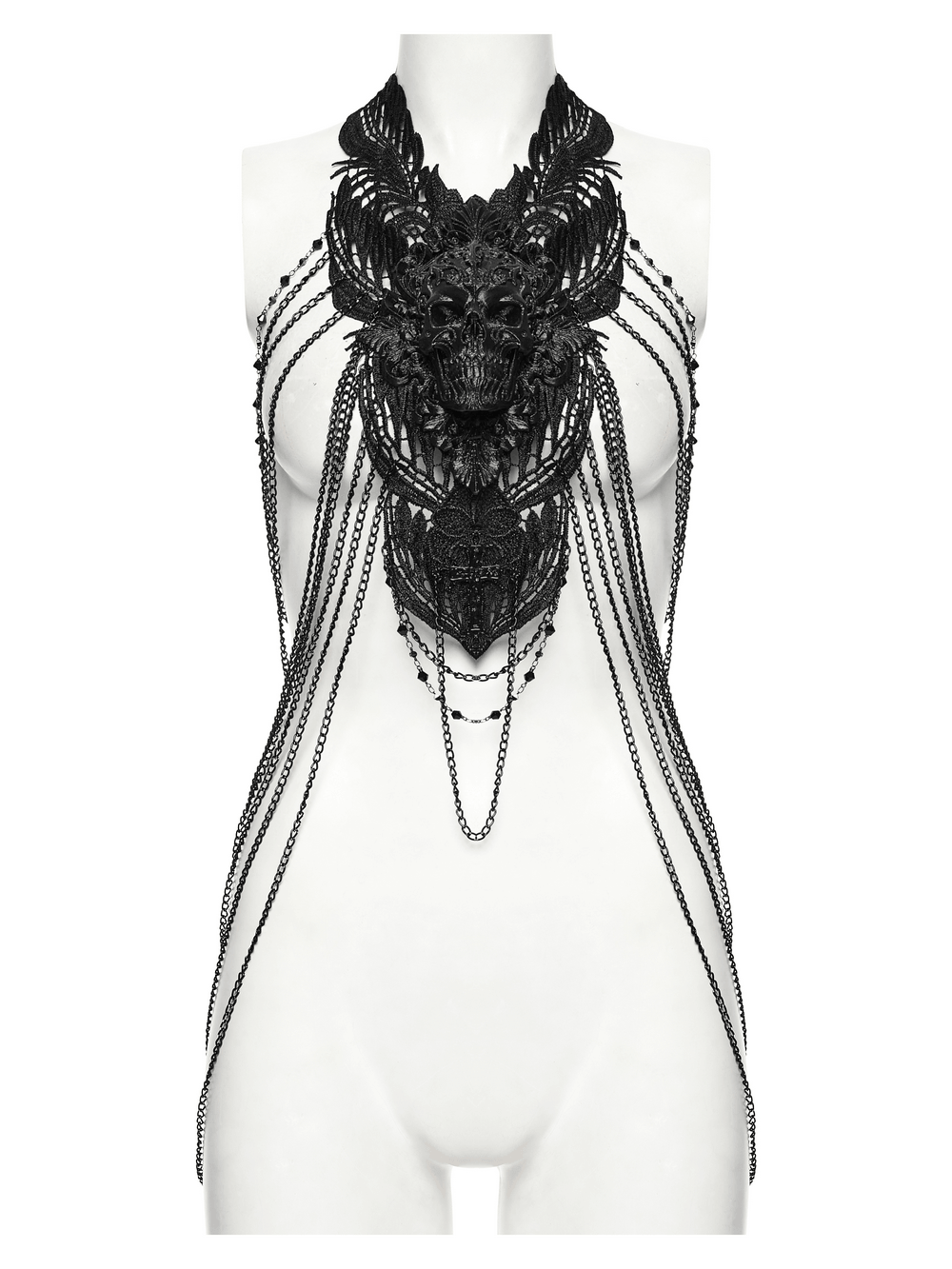 Gothic Skull Chain Body Harness with Lace Details showcasing a dramatic silhouette with black lace and skull motifs.