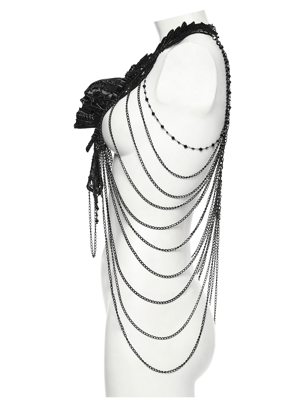 Gothic Skull Chain Body Harness with Lace Details displayed on a mannequin side view showcasing intricate chains and details.